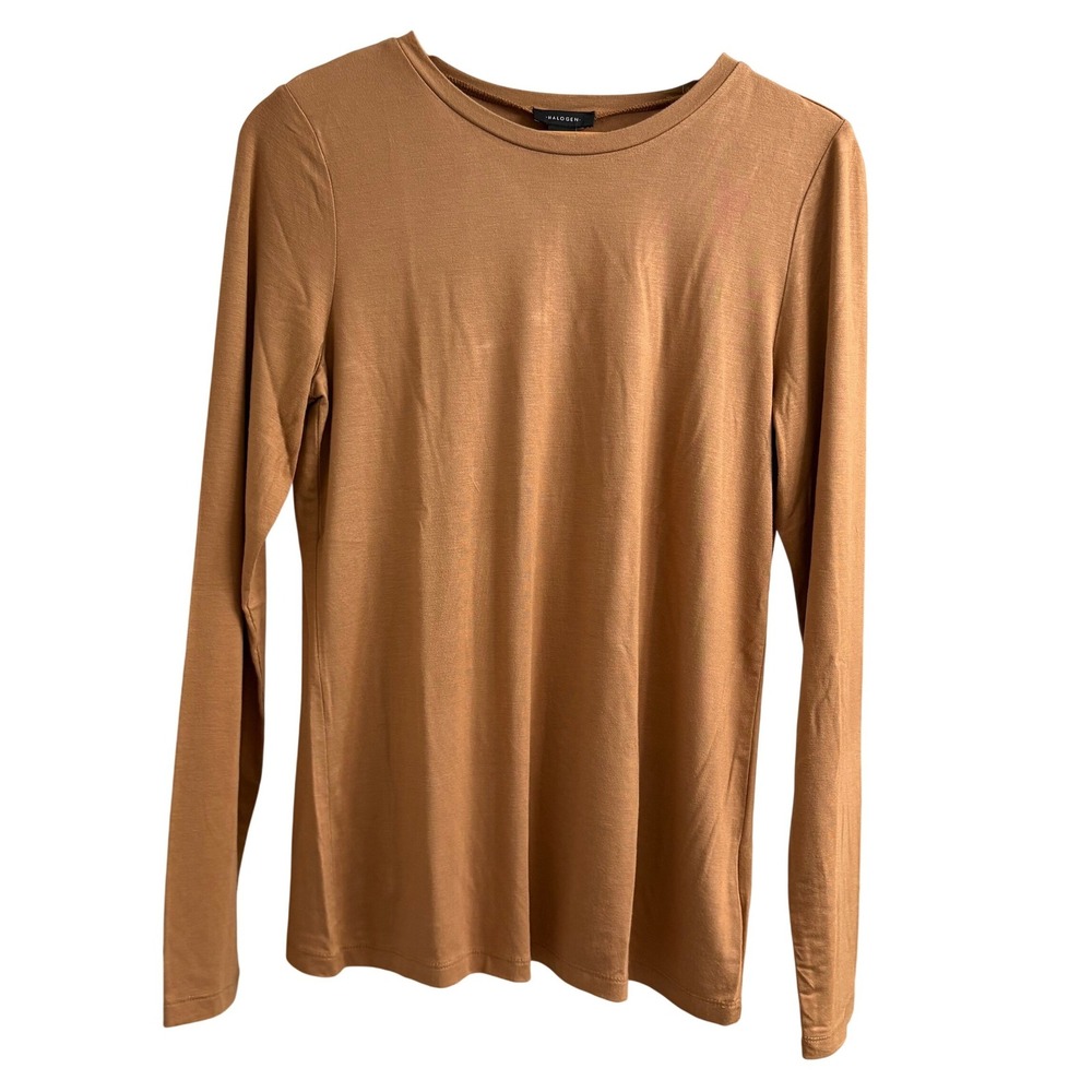 Halogen Womens Long Sleeve Crew Neck Top Camel Brown Rayon Blend Size Medium NWT